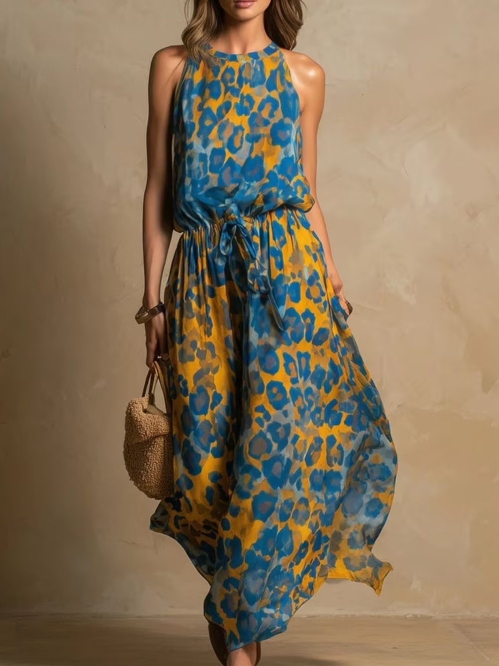 Blue and Yellow Animal Print Printed Halter Maxi Dress